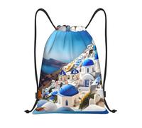PUYhgb Santorini - Zaino pieghevole con coulisse e stampa con vista sul mare dell'isola greca, borsa da palestra per allenamento, viaggi, yoga e uso quotidiano, Nero , M, Zaino da viaggio