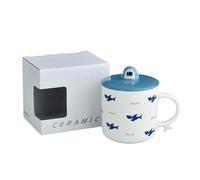 PUYUNA Tazza creativa da 360 ml/12 oz con coperchio e cucchiaio a forma di squalo, tazza for acqua in ceramica ad alta capacità for uso domestico - blu(White Swarm Shark)