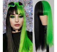 PUYYDS Parrucche Verdi e Nere, Capelli Lunghi Lisci, Parrucca Cosplay, Colore sfumato Bicolore, Capelli Sintetici da Donna, Parrucche per Feste