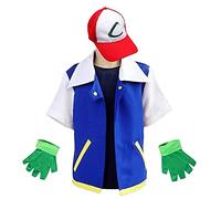 PUYYDS Uomini Anime Giacca Blu Costume Ragazzi Ragazze Ash Ketchum Cosplay per Halloween Donne Trainer Regolabile Berretto da Baseball e Guanti Set