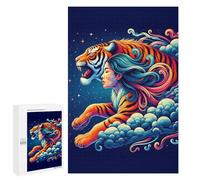 Puzzle 1000 PCS A Vibrant, Stylized Tiger with Flowing Mane And Body, Emerging from Clouds Against A Starr Puzzle Per Adulti Migliorano La Memoria Interazione Genitore-figlio Rompicapo Giochi Per Fami