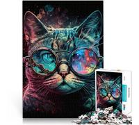 Puzzle 1000 pezzi Adulti Gatto Cosmico con Occhiali Giochi Divertenti con Poster corrispondente e Domande Foglio 14,96 "x 20,47 "Adolescenti da 14 Anni e Più