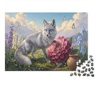 Puzzle 1000 Pezzi Arctic Fox with Pink Dahlia - Rompicapo Giochi Relax Wildlife Adulti E Bambini Per, Regali 52x38cm/1000pcs