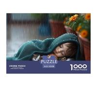 Puzzle 1000 Pezzi Bambina con Gattini sotto la Pioggia Estremamente Difficile - Cane con Coperta, Antistress 52x38cm