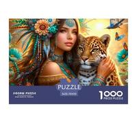 Puzzle 1000 Pezzi Carta Riciclabile Difficile Adulti Donna Nativa Leopardo, Bosco Sacro Spirito, Difficile Gioco Famiglia 70x50cm