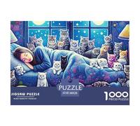 Puzzle 1000 pezzi Carta Riciclata Donna a Letto con Tanti Gatti Addormentati Notte, Dettagliato Gioco Familiare Intrattenimento Adulti Bambini 38x26cm