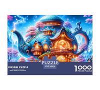 Puzzle 1000 pezzi casa teiera fantasy, castello teiera con luce blu, difficile