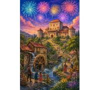 puzzle 1000 pezzi Castello nella valle con mulino ad acqua e fuochi Legno