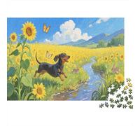 Puzzle 1000 Pezzi Dachhund Chases in The Sea of Sunflower Flowers, Per Bambini E Adulti Impossible Grandi Dimensioni Regali 1000pcs (75x50cm)