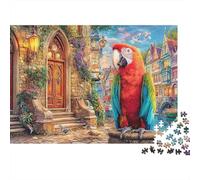 Puzzle 1000 pezzi Difficile Pappagallo in Città per Adulti Ara Scarlatta presso Vecchie Porte in Pietra Premium Spesso Robusto Alta Qualità Vivace Sfidante Antistress 52x38cm