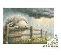 Puzzle 1000 Pezzi Giornata di Pioggia Agnello per Adulti - Pecora Soffice sul Recinto Gioco Familiare Divertente e Sfidante e Idea Regalo 52x38cm