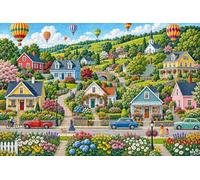 Puzzle 1000 pezzi legno Borgo colorato in collina con mongolfiere