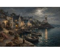 Puzzle 1000 pezzi legno Villaggio bianco sul porto al chiaro di luna