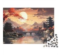 Puzzle 1000 pezzi Paesaggio Cinese Antico, Albero Rosso sul Lago, Cartone Resistente, Regalo per Amici, Decorazione da Muro, 52x38cm
