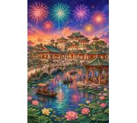 puzzle 1000 pezzi Palazzo sulla laguna di loto con fuochi artificiali Legno
