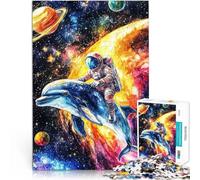 Puzzle 1000 pezzi per adolescenti Astronauta e delfino esplorano lo spazio Assemblaggio del modello con poster abbinato e foglio di quiz 75x50cm