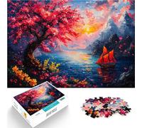 Puzzle 1000 pezzi per adolescenti Barca a vela al tramonto con fiori di ciliegio Analisi e logica Migliorare l'amore tra le coppie 38x26cm