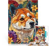 Puzzle 1000 pezzi per adolescenti Cane Shiba Inu floreale Giocattolo educativo per l'apprendimento con poster abbinato e foglio di quiz 75x50cm