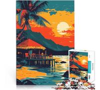Puzzle 1000 pezzi per adolescenti Capanna sulla spiaggia al tramonto tropicale, arte hawaiana Difficile e sfidante grande regalo 38x26cm