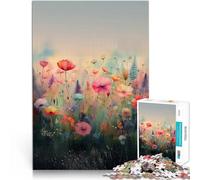 Puzzle 1000 pezzi per adolescenti Dipinto floreale con prato di fiori selvatici in pastello - Arte floreale minimalista con colori tenui e sognanti, dipinto a olio Un'opera d'arte 38x26cm