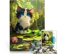 Puzzle 1000 pezzi per adolescenti Gattino e rana vicino allo stagno Antistress Sfida difficile è ideale come regalo per tutta la famiglia 38x26cm