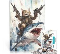 Puzzle 1000 pezzi per adolescenti Gatto che cavalca uno squalo con le pistole Sfida difficile con poster abbinato e foglio di quiz 52x38cm