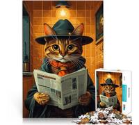 Puzzle 1000 pezzi per adolescenti Gatto con cappello che legge il giornale sul water Gioco educativo per famiglie Adatto alle coppie 52x38cm