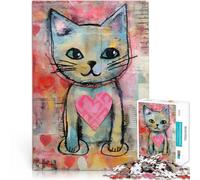 Puzzle 1000 pezzi per adolescenti Gatto di San Valentino con cuore amorevole Tecnica mista Difficile e sfidante Regalo di compleanno, regali 52x38cm