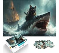Puzzle 1000 pezzi per adolescenti Gatto nero che cavalca uno squalo divertente Giochi di relax Regalo di compleanno, regali, arte murale 38x26cm