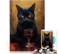 Puzzle 1000 pezzi per adolescenti Gatto nero con vino Antistress Vacanza in patria Uccidere il tempo Adatto per la decorazione del desktop 38x26cm