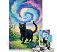 Puzzle 1000 pezzi per adolescenti Gatto nero in un turbine di vento e cielo Rompicapo con pezzi completamente interconnessi di forma casuale 38x26cm