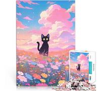 Puzzle 1000 pezzi per adolescenti Gatto nero nel campo di fiori giocattoli educativi per l'apprendimento Adatto per la decorazione del desktop 38x26cm