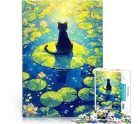 Puzzle 1000 pezzi per adolescenti Gatto nero su una foglia di ninfea - Lago Pound Giochi educativi è ideale come regalo per tutta la famiglia 75x50cm