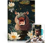 Puzzle 1000 pezzi per adolescenti Ippopotamo sorridente tra le ninfee Gara di velocità delle mani Migliorare l'amore tra le coppie 75x50cm