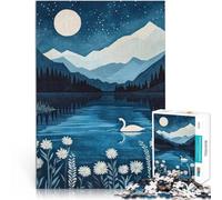 Puzzle 1000 pezzi per adolescenti Lago illuminato dalla luna con cigno, stelle e fulmini, luna piena, montagne innevate astratte e fiori bianchi in riva al lago Opera d'arte 38x26cm