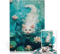 Puzzle 1000 pezzi per adolescenti Ninfee gatto bianco Difficile da completare ma divertente e umoristico Lista dei desideri con Babbo Natale 38x26cm