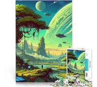 Puzzle 1000 pezzi per adolescenti Paesaggio alieno solarpunk con astronavi Gioco impegnativo con poster abbinato e foglio di quiz 70x100cm