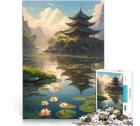 Puzzle 1000 pezzi per adolescenti Paesaggio anime lo-fi della pagoda serena sul lago Antistress Sfida difficile Migliorare la memoria 70x100cm