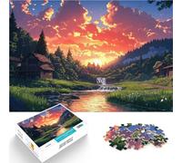 Puzzle 1000 pezzi per adolescenti Paesaggio del villaggio al tramonto in stile anime Difficile e sfidante Interazione genitore-figlio 38x26cm