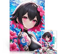 Puzzle 1000 pezzi per adolescenti Ragazza anime con capelli rosa e tatuaggio Giocattoli antistress con poster abbinato e foglio di quiz 38x26cm