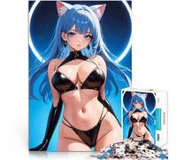 Puzzle 1000 pezzi per adolescenti Ragazza gatto anime in lingerie nera in lattice Analisi e logica con poster abbinato e foglio di quiz 38x26cm
