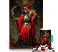 Puzzle 1000 pezzi per adolescenti Santa Muerte rossa con rose Gioco impegnativo e gioco in famiglia con poster abbinato e foglio di quiz 52x38cm