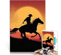Puzzle 1000 pezzi per adolescenti Silhouette di cowboy al tramonto Rompicapo con pezzi completamente interconnessi di forma casuale 38x26cm