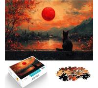 Puzzle 1000 pezzi per adolescenti Tramonto del gatto della luna di sangue Analisi e logica con poster abbinato e foglio di quiz 75x50cm
