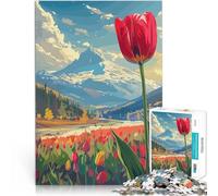 Puzzle 1000 pezzi per adolescenti Vista sulle montagne con tulipani Regali di giochi impegnativi Regalo di compleanno, regali, arte murale 70x100cm