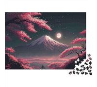 Puzzle 1000 Pezzi per Adulti con Montagna e Luna di Fiori di Ciliegio, Monte Fuji Fiori di Ciliegio Luna Notte, Premium Spesso Resistente Vivace Sfidante Gioco in Famiglia Regalo 38x26cm/1000pz