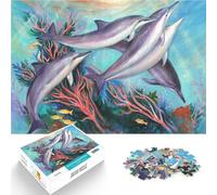 puzzle 1000 pezzi per adulti Delfini nella barriera corallina Allena il tuo cervello e le tue mani con poster abbinato e foglio di quiz 38x26cm