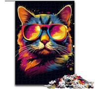Puzzle 1000 pezzi per adulti Gatto con occhiali in legno, idea regalo fai da te per la casa, 50x75cm, attività per adulti e famiglie, regalo per la casa fai da te