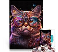 Puzzle 1000 pezzi per adulti gatto cosmetico con occhiali giocattoli anti-stress con poster coordinato e scheda di domande per i 14 anni, 50 x 70 cm