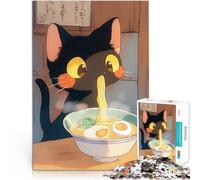 puzzle 1000 pezzi per adulti Gatto nero che mangia ramen - cibo giapponese Difficile e sfidante Adatto per la decorazione del desktop 70x100cm